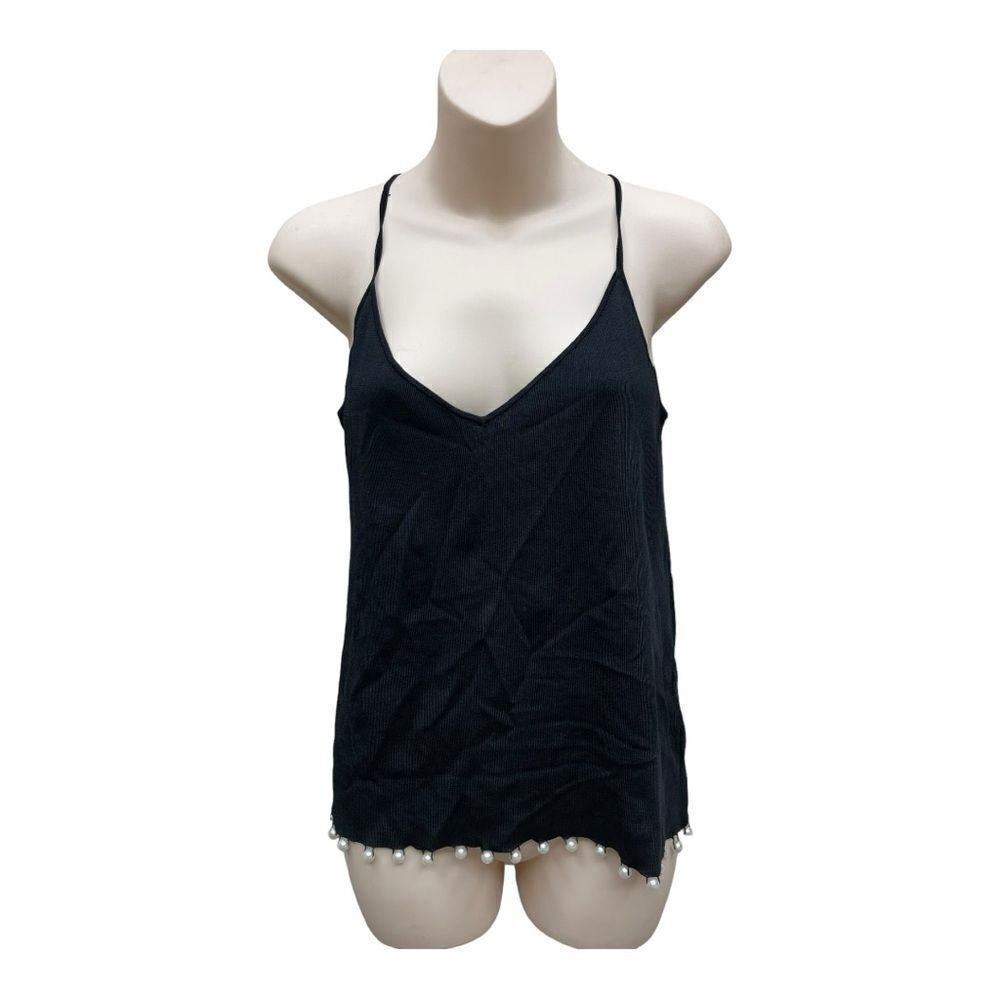 Zara Knit Black V Neck Cami Tank Top Size S Pearl Trim Spaghetti Strap Classic